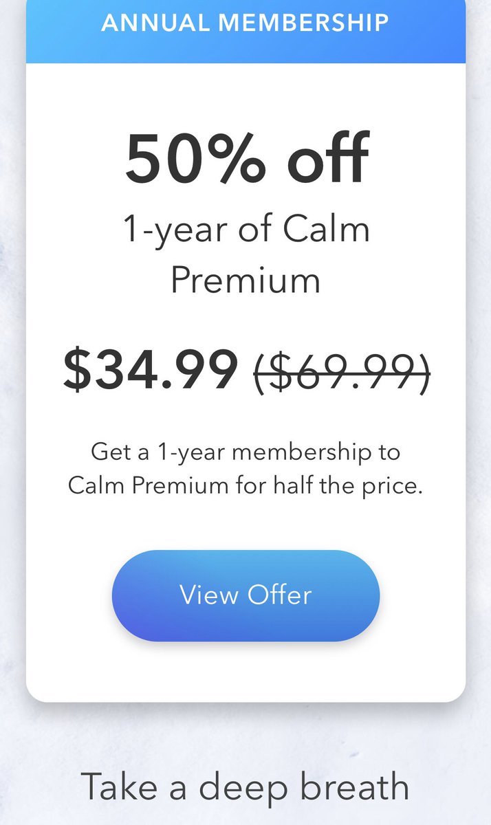 Now, the lightning round @calm is offering 50% off for a 1-year membership.  @billiebody is offering 20% off orders of $30+ using code YES20. @hulu is offering their subscription for $1,99 a month for 12 months for a limited time. This is 65% off. @BOMBAS is offering 20% off