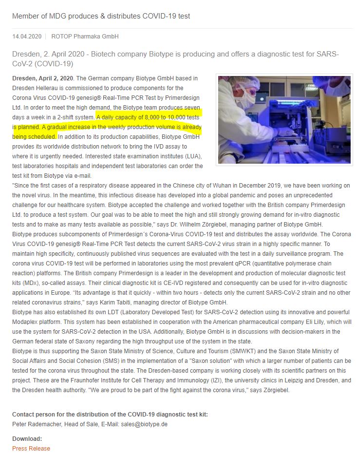 Biotype started in April with day capacity between 8.000 and 10.000 tests/day for Primerdesign in Hellerau with already planning an gradual increase.  http://www.rotop-pharmaka.de/en/homepage/detail/mdg-mitglied-produziert-vertreibt-covid-19-test/