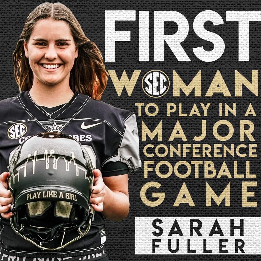 TimberlySloan's tweet photo. My daughter could barely contain her excitement watching you make history. Thank you @SarahFuller_27 for inspiring so many young girls today. Thank you @VandyFootball and @CoachDerekMason for giving her this chance. #PrayForMichael #AnchorDown #VandyFamily #SheMadeHistory https://t.co/MIp3edeJ3h