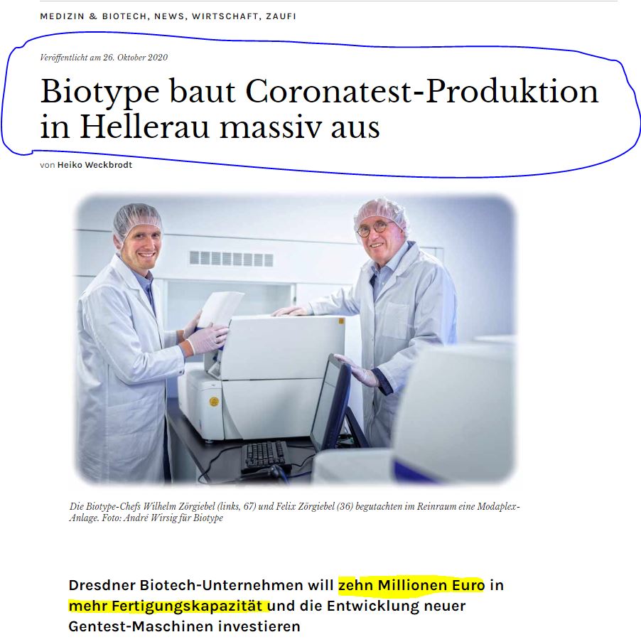 And what can it be now?See article 26 Oct 2020Planning of bigger capacity for Coronatest production in their Hellerau-plant https://oiger.de/2020/10/26/biotype-baut-coronatest-produktion-in-hellerau-massiv-aus/176543#6_Millionen_Euro_fuer_Entwicklung_eines_8220Next_Generation8221-Modaplex