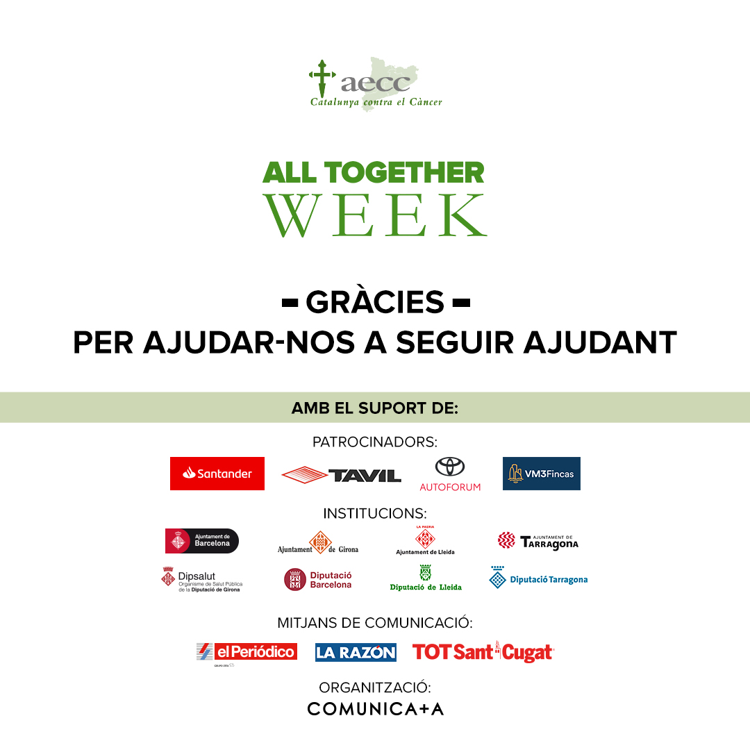 ContraCancerBCN's tweet photo. Des de l’#AllTogetherWeek volem donar les gràcies a tots els patrocinadors que han fet possible que es dugui a terme aquesta setmana; sense ells no ho hauríem aconseguit. Gràcies!

📰@totsantcugat @elperiodico @larazon_es https://t.co/AskM1eFOiN