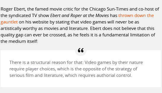 15 years ago Ebert made the infamous comments about games being "inherently inferior" to film.But as much as I loved Ebert and his sharp eye for movies, his justification missed something *very* important about games: 1/(h/t  @jeremyreimer  https://arstechnica.com/gaming/2020/11/5657-2/)