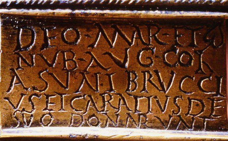 Translation: “To the god Mars and the Divinities of the Emperors, the Colasuni: Bruccius and Caratius, presented this at their own expense at a cost of 100 sesterces; Celatus the coppersmith fashioned it and also gave a pound of bronze to the value of 3 denarii.”