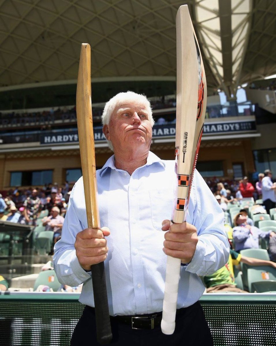 JTCACricket's tweet image. Thought on this? Barry Richards bat he scored 300+ with at the WACA vs @davidwarner31’s bat (photo a few years back) - have technological advances in the game, led to it being too batsmen friendly? #LockdownThoughts #SaturdayNightThoughts