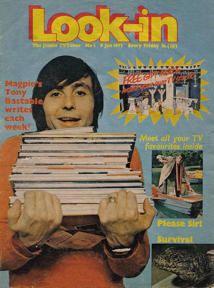 Look-In: the Junior TV Times launched on Friday January 8th 1971 with Magpie's Tony Bastable on the cover. Strips included Please Sir and Timeslip, along with a World of Sport special and magic tricks from David Nixon.