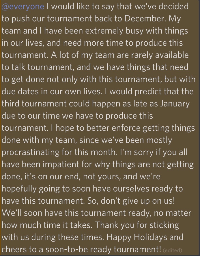 RobloxArsenalT1's tweet image. We have released a statement to our participants and applicants, and we would like to officially apologize for the lack of news and information during this month. We hope for better times to come and with it, the hope to soon produce this tournament. Please read for more info.