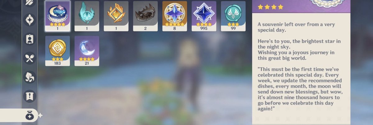 drewuntitled's tweet photo. Genshin celebrating my 23rd BIRTHDAY with some rewards cuz that’s POGGERS 🥳 🎂. If you’re reading this, thank you so much for being a part of my life! ^__^ 💙 I’ll be doing a celebration stream this afternoon at 4PM! Pls join! I’d like to chat with you. #CheersTo23Years https://t.co/SPItdHSys4