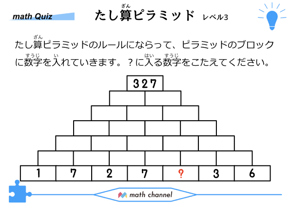 Twitter 上的 Math Channel 週イチ算数クイズ のバックナンバーをお届け 今回は 足し算ピラミッド の問題です パズル 計算で計算力の向上が期待される問題です ぜひ解いてみてください 解答はこちらから T Co Amm5bjtfbz 算数 算数クイズ