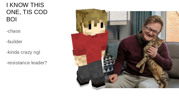 TBLaughIn's tweet photo. What happens when the DreamSMP stan, @LeArtsyGeek , has to name Hermitcraft People (This isn't everyone, but my favorites) https://t.co/hTS7cXmy32