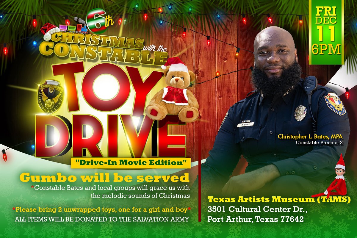 chris4constable's tweet photo. Please join me for the 6th Annual "Christmas with the Constable" Toy Drive, benefiting the Salvation Army! I need you to help me fill the parking lot with toys while enjoying a Drive-In Holiday Movie! Mark your calendars and hope to see you there! https://t.co/tpphgY9w5M
