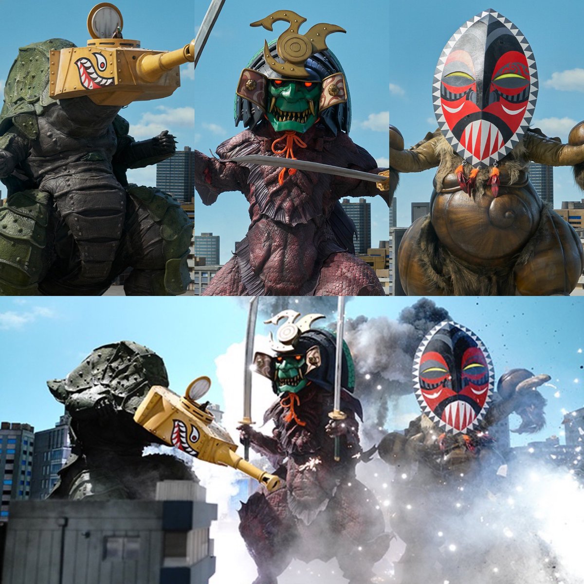 青空 Tf 特撮 映画 アメコミ人生 Nitiasa キラメイジャー 第３３話登場の邪面獣タンクリガニー 邪面獣センゴクバスラ 邪面獣シールドシェルガ モチーフはシャークマウスが描かれた戦車の砲塔 戦国武将の兜 南米部族の仮面