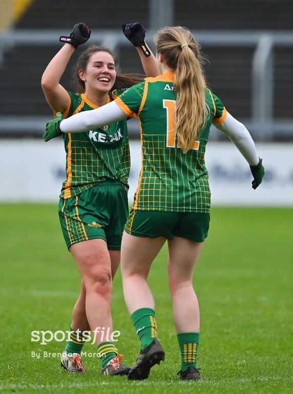 sportsfile's tweet image. Shauna Ennis, left, and Orlagh Lally of Meath celebrate after their TG4 All-Ireland Intermediate Ladies Football Championship Semi-Final win over Clare at MW Hire O'Moore Park earlier.

📸 @Sportsfilebren 

sportsfile.com/more-images/20…