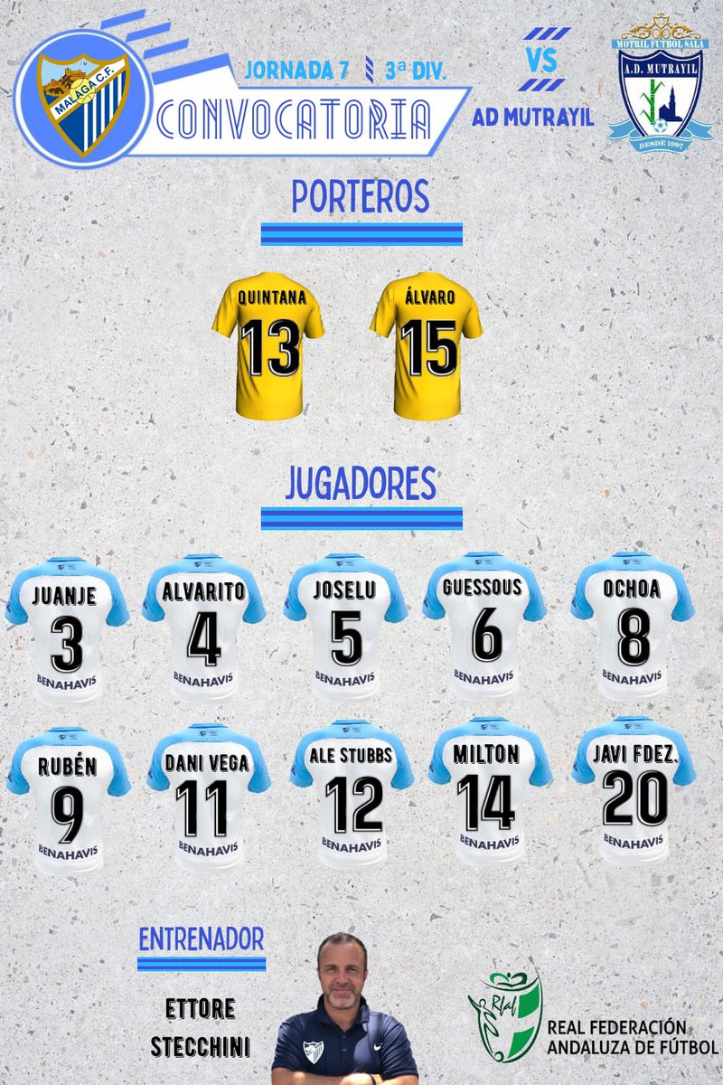 MalagaCFutsal's tweet photo. ⚽️𝟏º 𝐄𝐐𝐔𝐈𝐏𝐎 //

      🔵𝘾𝙊𝙉𝙑𝙊𝘾𝘼𝙏𝙊𝙍𝙄𝘼 🔵

✅ Tenemos convocatoria para la 7ª Jornada de Liga @RFAF 🆚 A.D. Mutrayil F.S., Domingo 12:30 h., Pabellón Guadaljaire

❌Son baja, J. Castillo, J. Atienza  e Iago Gonzalez.

📺 Directo Streamimg.

💙 Os esperamos!! https://t.co/RdEbJ6Odn5