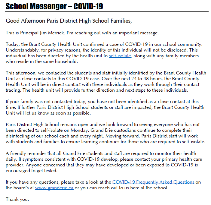 GEDSB's tweet photo. COVID-19 News: this message (https://t.co/gVxiNm7yvK) is being shared with students, staff &amp; families at Paris District High School today.
 
For general COVID-19 info: https://t.co/GGbUEX68YI https://t.co/2HXoGghdrO