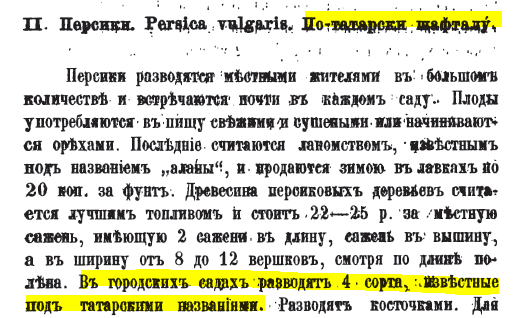 Dana gozu - calf's eyeShaftali -peach in tatar [AZE]"..in the city 4 types are cultivated, all of Tatar names"[Tatar-Azerbaijani in Russian sources)Chardakhdan-chikhma-alcha - alcha from chardag (attic-eng)Gokcha -green alcha