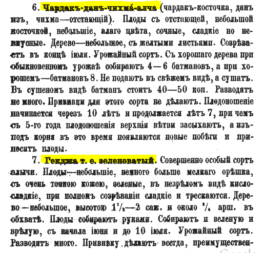 Dana gozu - calf's eyeShaftali -peach in tatar [AZE]"..in the city 4 types are cultivated, all of Tatar names"[Tatar-Azerbaijani in Russian sources)Chardakhdan-chikhma-alcha - alcha from chardag (attic-eng)Gokcha -green alcha
