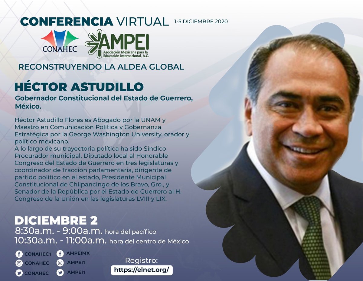 AMPEI1's tweet photo. #ConferenciaVirtual #CONAHEC #AMPEI
Contaremos con la presencia @Héctor Astudillo Gobernador Constitucional del Estado de Guerrero, en la @conahec-@AMPEI1 Virtual Conference 2020 - CONAHEC - AMPEI
https://t.co/gB6t8McLp6 https://t.co/1WTNO77LaS