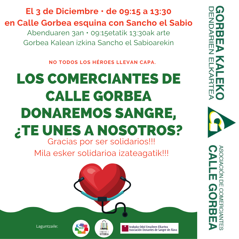 Este jueves 3 de diciembre lxs comerciantes de @asociacioncallegorbea estaremos donando sangre en nuestra calle, te unes a nosotrxs? De 9,15h a las 13,30h estará el autobús de <a href="/DonanteSangrEus/">Euskadiko Odol-emaileak / Donantes Sangre Euskadi</a> en Gorbea esquina Sancho el Sabio😉👍

#vitoriagasteiz #callegorbea #donantesdesangre