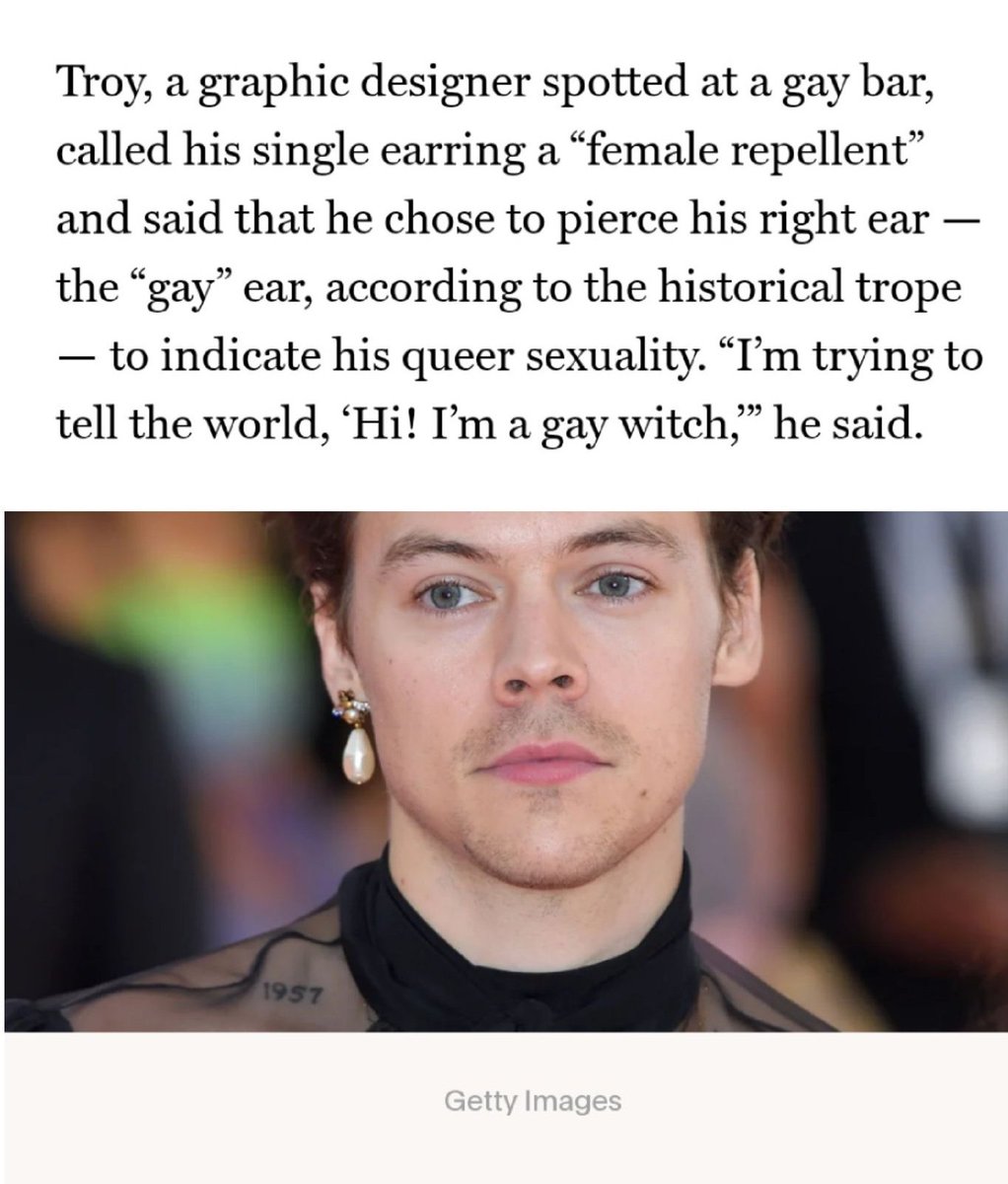 Gayness has a variety of complicated nonverbal signal languages, earrings and clothing aren’t part of them, but the female repellent anecdote needs to be here tbh.