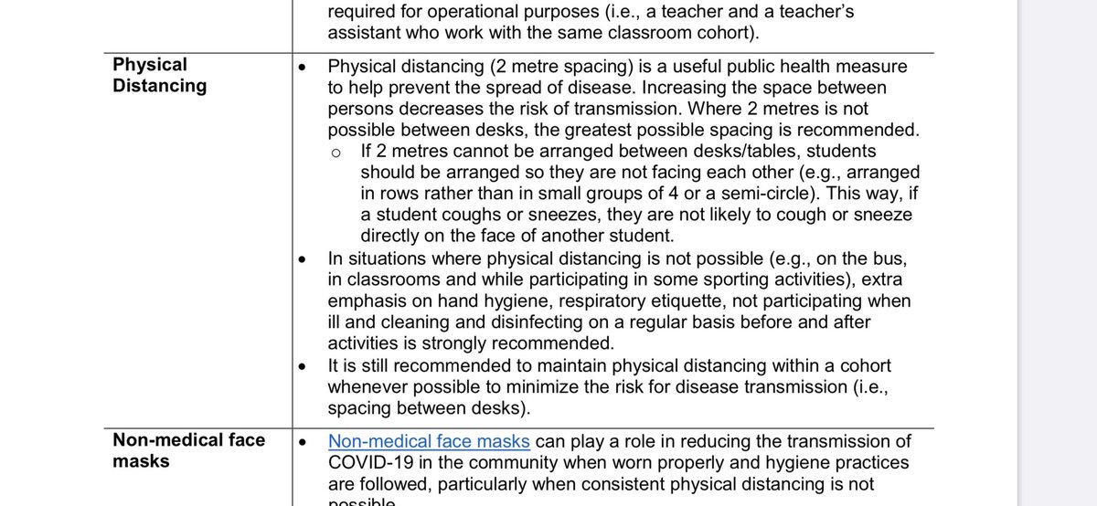 Physical distancing indoors within cohort. Alberta: physical distancing 2 meters recommended-children’s desk should not face each other