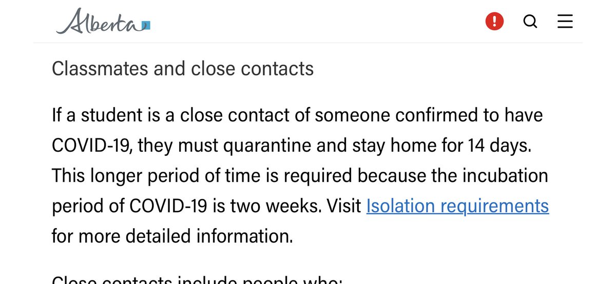 Household bubbles with known sickness. Alberta: quarantine.