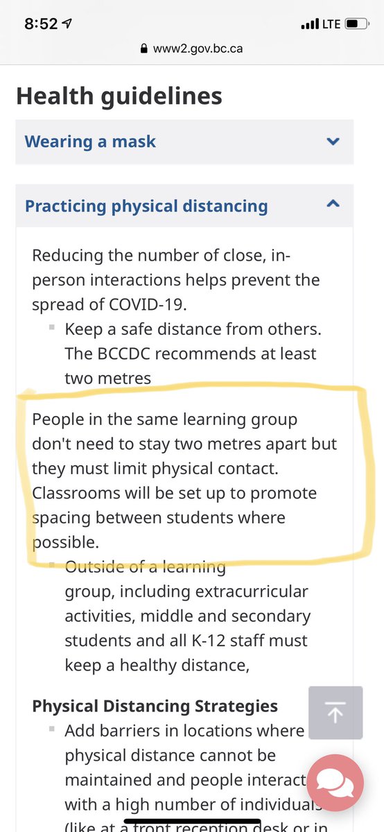 Physical distancing indoors within cohort. BC: physical distancing not required, physical contact discouraged. The logistics of this mind-boggle. There is not an easy solution for one teacher to monitor this for either suggested protocol. 