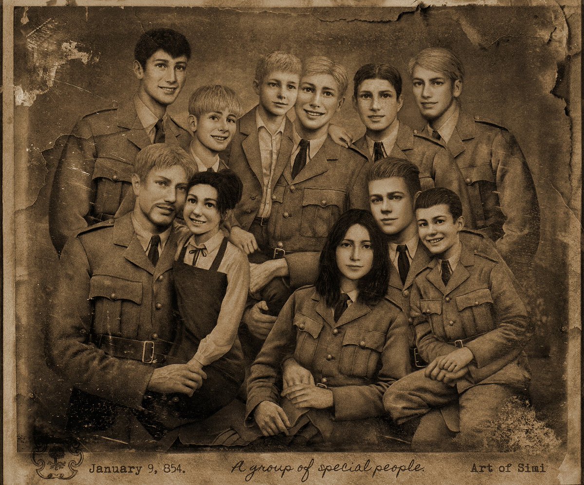 artofsimi's tweet photo. "I would always hold the picture of you that you gave me, that little oval frame I've put around my neck.
Those smiles on a tiny photograph, I could always feel the warmth of its colors."

I am so happy to finally share the AoT group photo!📸💖

#attackontitan #進撃の巨人 #fanart https://t.co/XN4S4xTFNq