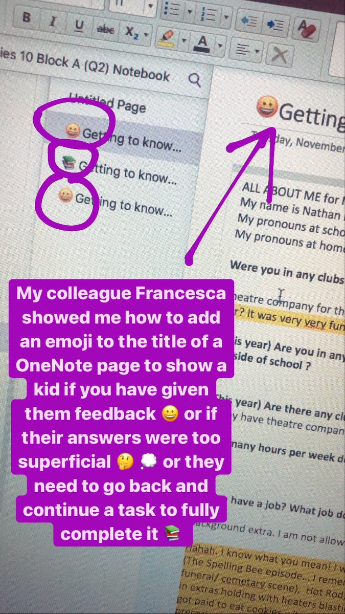 I love using OneNote. I am never going back to paper for regular daily writes... unless a kid prefers to write by hand (I’m ok with that too). Here’s a quick tip for how to give feedback using Emojis to signal what you’ve read &amp; what students should probably go back to continue