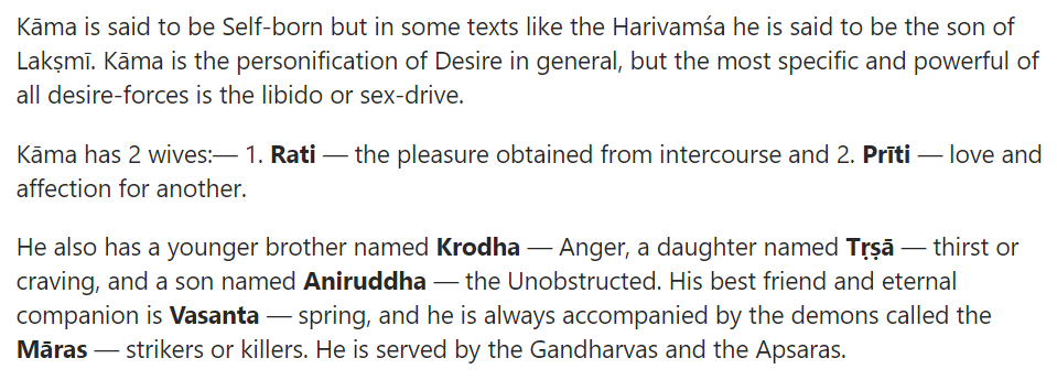 Some additional info i've found from a professor and a priest who teaches abt Hinduism and also Kama in great detail <3 saving the link for myself!!!  https://www.quora.com/q/hinduiconography/K%C4%81ma-Deva