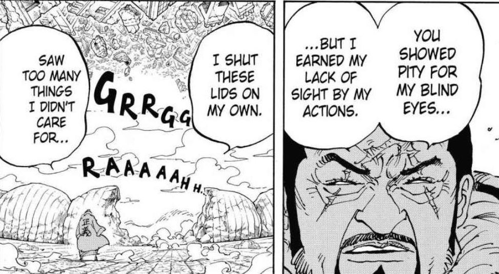 just through this brief moment we delve into the mind of Fujitora. Treating his blindness as a “blessing”, allowing him to see the true essence of the people around him. And we later learn that his loss of eyesight was caused by himself