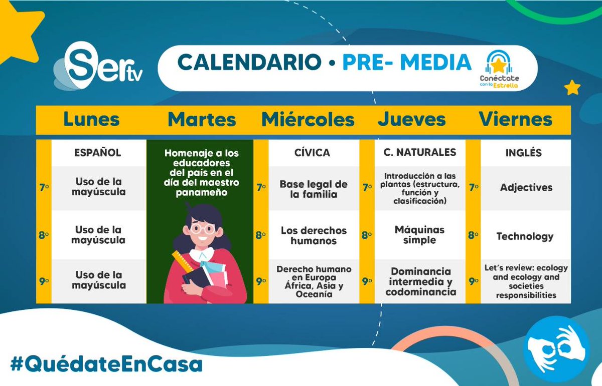 SERTVPANAMA's tweet photo. ¡Atención, chic@s! Si eres estudiante de #PreMedia, #ConéctateConLaEstrella esta semana a partir de las 11AM por @tvmaxdeportes. Aquí te dejamos el calendario para esta semana del lunes 30 de noviembre al viernes 4 de diciembre.

@meducapma
#ProtégetePanamá
#TodosSomosPanamá https://t.co/q4W3yXoz03