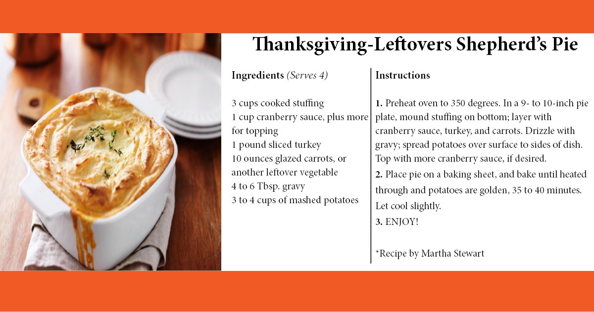 Looking for a creative way to transform your #Thanksgiving leftovers? Check out these recipes: Thanksgiving Tacos from <a href="/ElliotHealthSys/">Elliot Health System</a> Dietician Marilyn Mills, and Thanksgiving Leftover Shepherd's Pie from <a href="/SNHHealth/">Southern NH Health</a>'s Director of Food and Environmental Services!