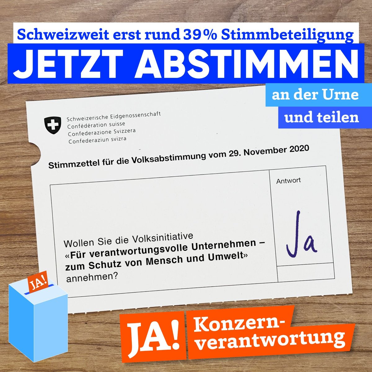 multi_watch's tweet photo. Letzte Chance! In den meisten Gemeinden kann ab sofort (bis um 12 Uhr) abgestimmt werden! Es wird knapp! @konzern_vi
 
JA zur #Konzernverantwortung #kvi https://t.co/TlZtzvf3OW