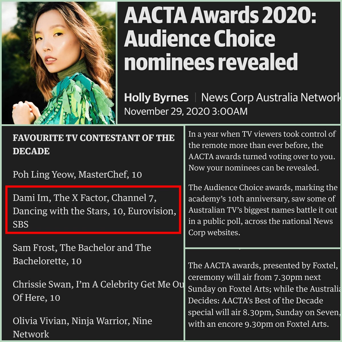 mackymarcmarc's tweet photo. Dami Im has been shortlisted in  the @AACTA Awards Favourite TV Contestant of the Decade! Top 5 baby! Great job #DamiArmy for voting for our Queen! 👏👏

Hope you win @damiandmusic 🙏

https://t.co/uuWmYClTh2

#DamiIm #AACTA #XFactorAu #Eurovision #DancingWiththeStars #DamiArmy https://t.co/6HWjRiGlKS