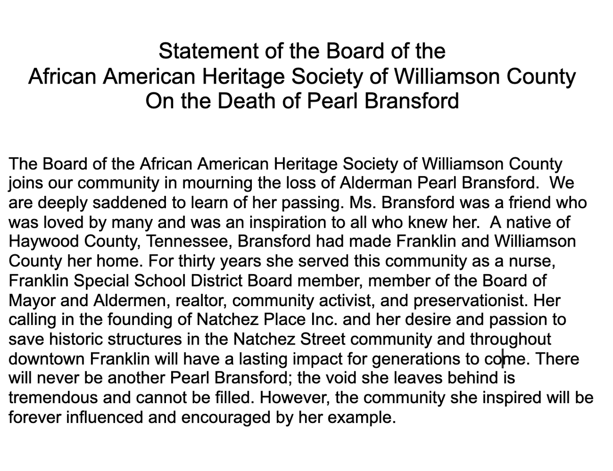 McLemoreHouse's tweet photo. The Board of the AAHS joins our community in mourning the loss of the City of Franklin, TN Alderman Pearl Bransford. We are deeply saddened to learn of her passing. https://t.co/bBaWunEy9j https://t.co/AFodKwrNEC