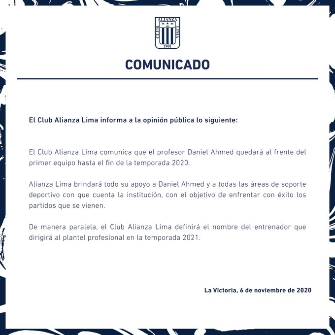 Para culminar, luego de la salida de Mario Salas, Daniel Ahmed tomó el cargo. Era el encargado de las categorías inferiores del club.Alianza Lima, en un comunicado expresaba que Ahmed era momentáneo para elegir el DT de 2021 próximamente. ¿No pensaban podían descender?
