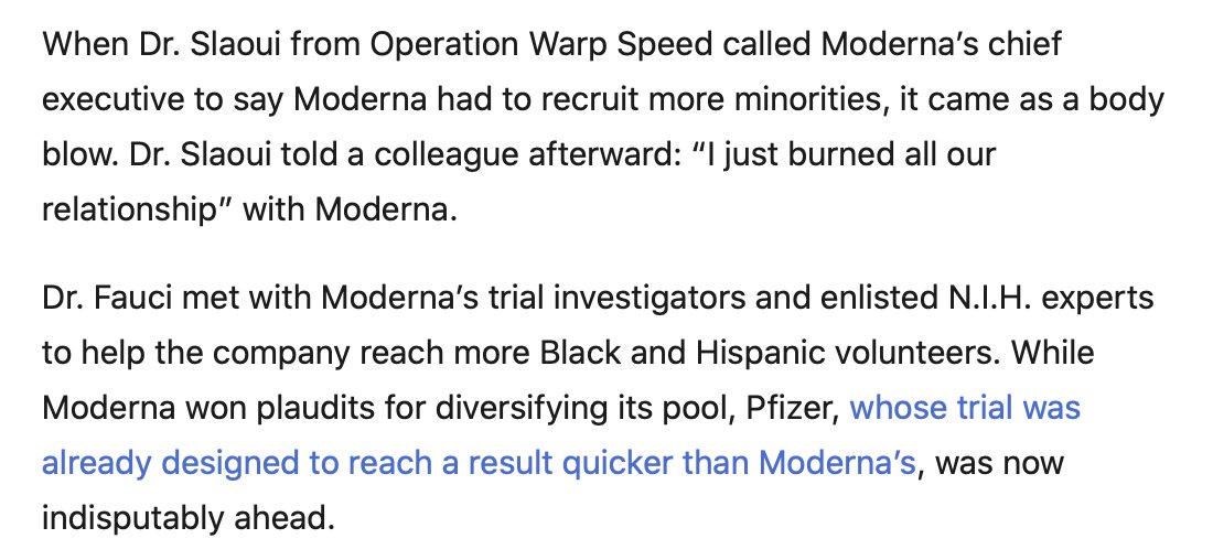There are several points noteworthy related to this timeline:1. Moderna had a head-start, so why didn't their Phase 3 trial finish first?Part of  #OperationWarpSpeed (OWS), they were requested to slow down enrollment to get better minority representation https://www.nytimes.com/2020/11/21/us/politics/coronavirus-vaccine.html?searchResultPosition=1
