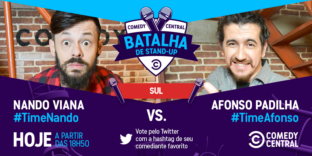 ComedyCentralBR's tweet photo. E a última #BatalhaDeStandUp da noite de finalíssimas chegou! No embate da Região Sul nós temos #TimeNando contra o #TimeAfonso! Pra quem vai o seu voto? É A ÚLTIMA, TEM QUE VOTAR PRA FAZER O SEU PREFERIDO VENCER! https://t.co/HYahAO7Fum