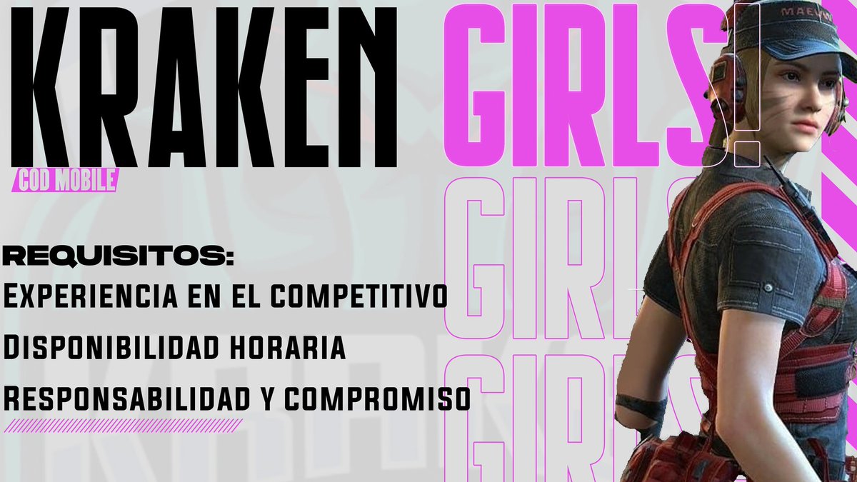 Hoy iniciamos el reclutamiento para nuestro Roster Femenino para el competitivo de #CoDMobile, si eres chica y estas interesada en ser parte del gran equipó de Kraken, escribenos al Dm, junto con tus estadísticas de juego. ¡Te esperamos! 

#gokraken