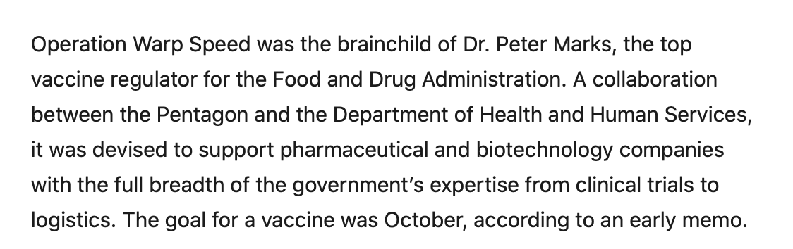 4. Whose idea was OWS and when did it kick in?Peter Marks  @US_FDA https://www.nytimes.com/2020/11/21/us/politics/coronavirus-vaccine.html?searchResultPosition=1  @SharonLNYT It was announced May 15th https://www.defense.gov/Explore/Spotlight/Coronavirus/Operation-Warp-Speed/