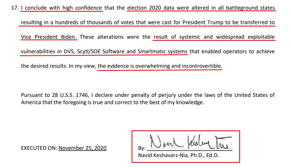 An affidavit by Dr. Keshavarz-Nia described by the NYT as "the smartest man in the room", a 35-year cyber-security expert for DIA, CIA, NSA, & DOD, concludes that 2020 election data was altered resulting in "hundreds of thousands" of Trump votes to be "transferred" to Biden.
