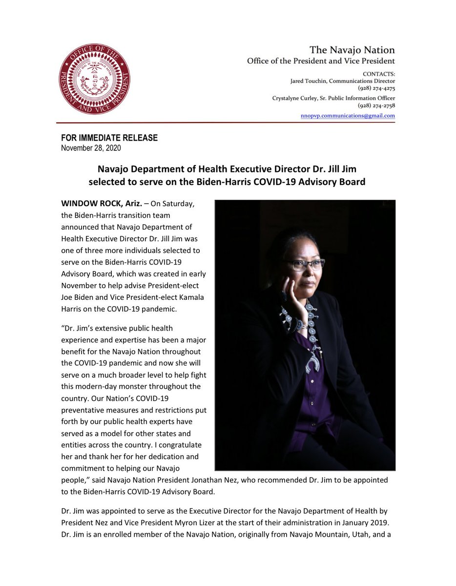 NezForAZ's tweet photo. Navajo Department of Health Executive Director Dr. Jill Jim selected to serve on the Biden-Harris COVID-19 Advisory Board https://t.co/UPmA13Eu93