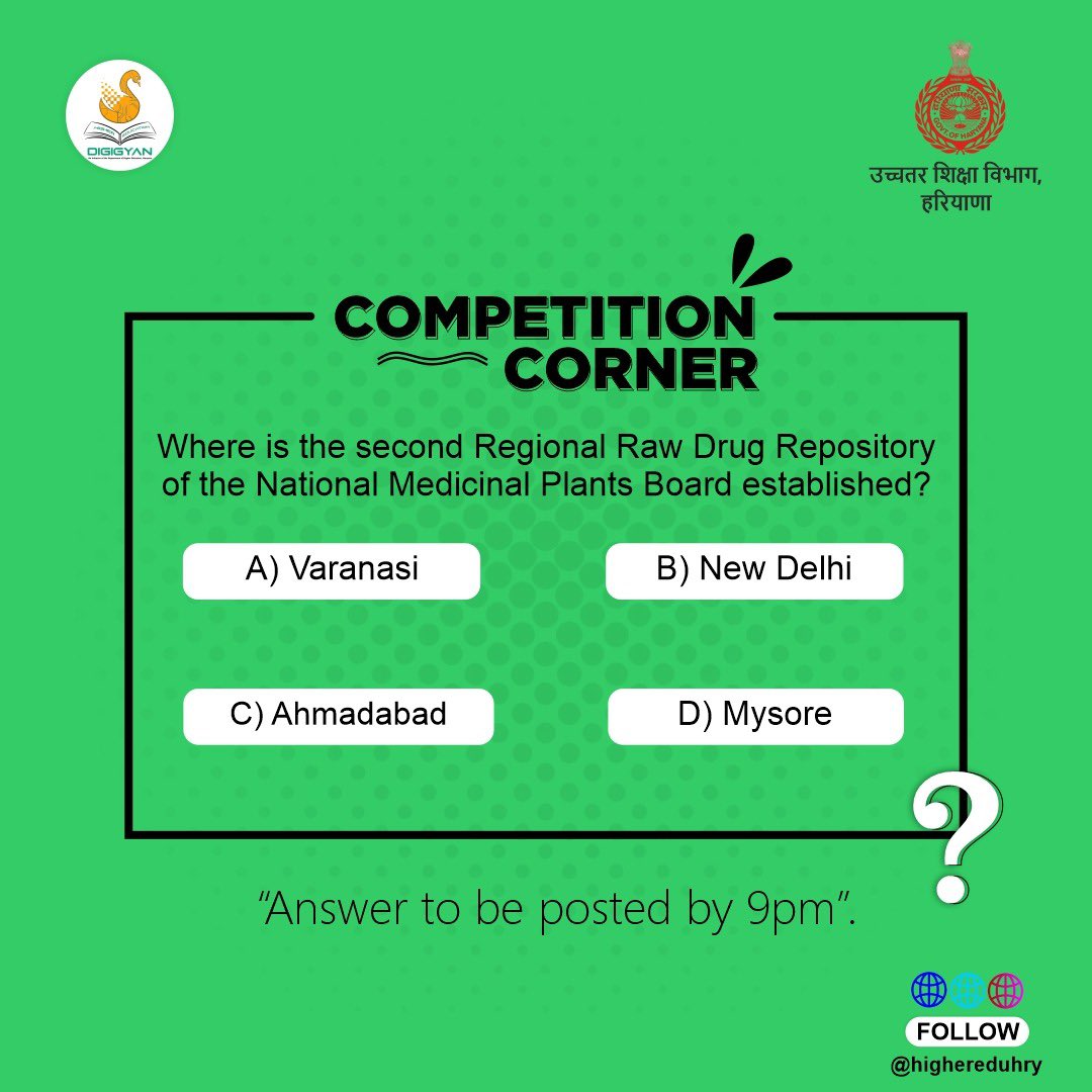 highereduHRY's tweet photo. #CompetitionCorner
Question of the day!
Comment down your answers below.
Stay tuned! The correct answer shall be revealed @ 9pm

आज का सवाल!
अपने जवाब हमें कमेंट करके बताएं। सही जवाब शाम 9 बजे बताया जाएगा। https://t.co/6sWtmHowrC