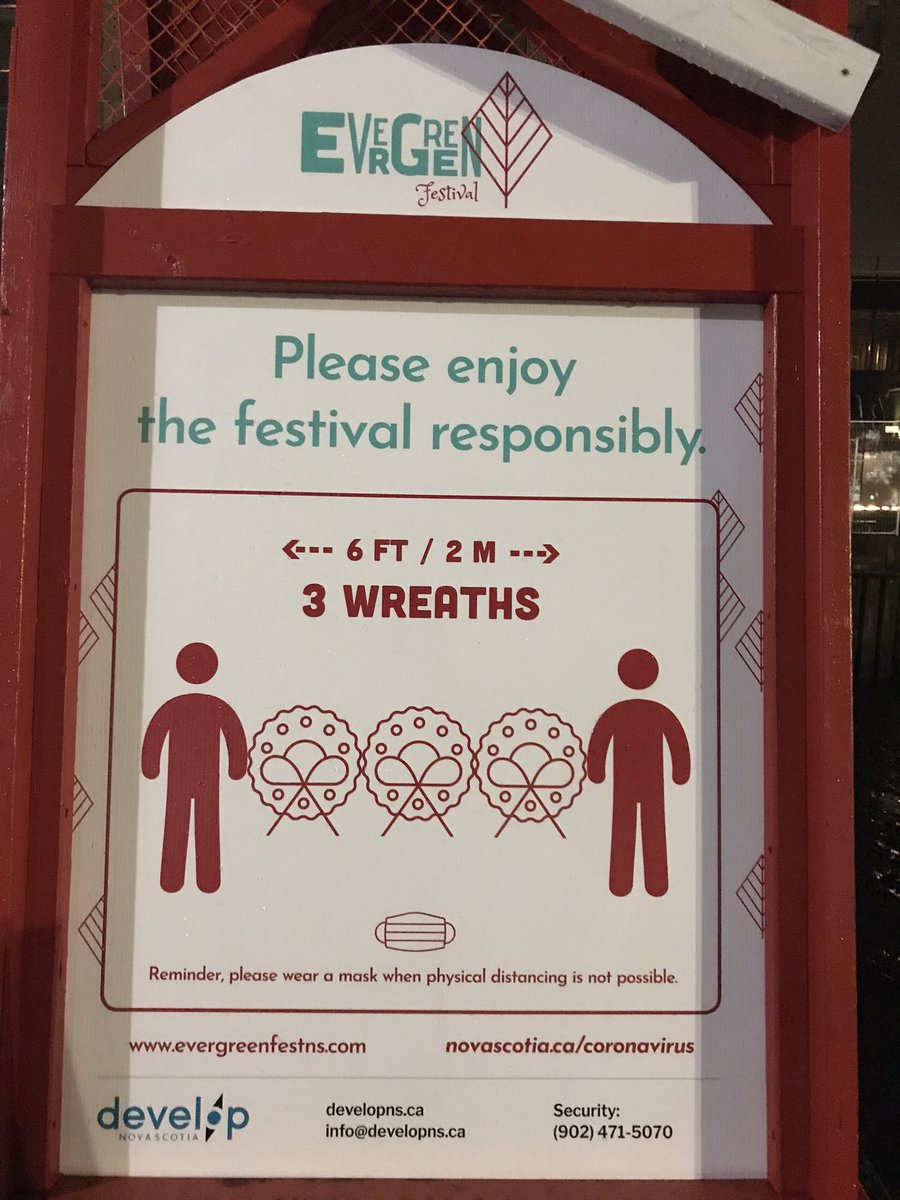 Love the updated safety signs on the Halifax waterfront for the Evergreen Festival! @developns @evergreenfestns @MikeSavageHFX #sixfeetaway #gingerbreadhouses #snowshoes #wreaths #iceskates #firepits #toques #becreative #safety #keepcovidaway #halifax