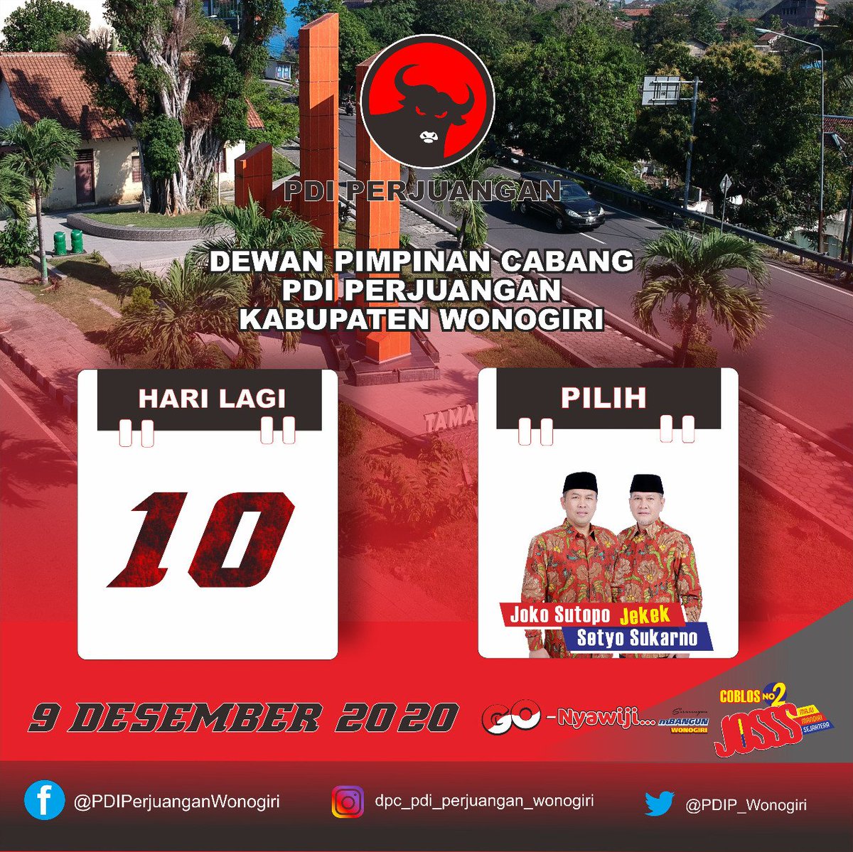 Kurang 10 Hari Lagi Menuju PiLkada Kabupaten Wonogiri 9 Desember 2020.
.
Ayo Semangat Datang ke TPS. CobLos Nomer 2. Pasangan JOKO SUTOPO &amp; SETYO SUKARNO
.
Tetap Patuhi ProtokoL Kesehatan ya. Budhal TPS Nganggo Masker Lurrr.
.
#PilkadaSerentak2020
#PDIPerjuangan