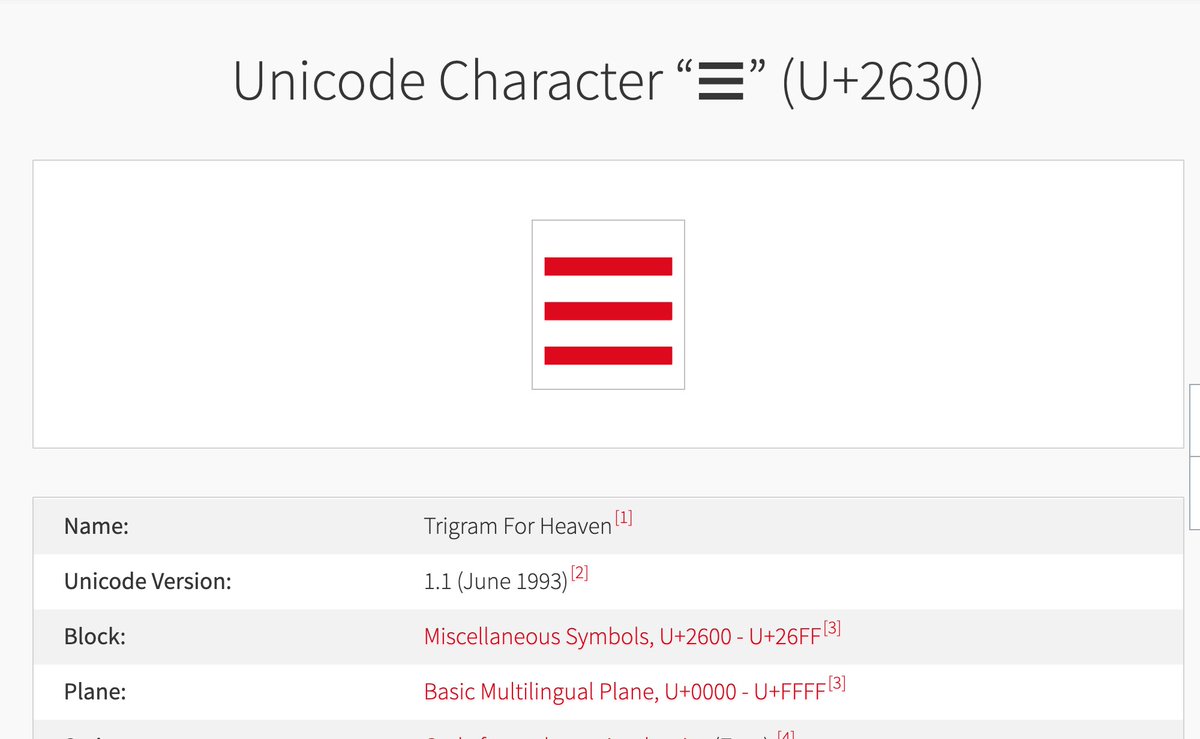 katbuilt's tweet image. While hamburger menus are far from heavenly, I just used the Unicode character for the ‘Trigram of Heaven’ ☰ to make a menu icon. 🤷🏻‍♀️ 

May it bring balance to my haphazardly-coded CSS mobile nav. 😇 #csshacks

fileformat.info/info/unicode/c…
