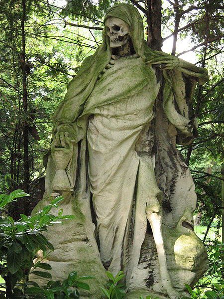 The Grim Reaper ― sculpture by August Schmiemann for the merchant Johann Muellemeister in Melaten Cemetery, Cologne, Germany. The scythe he carried on the right was apparently stolen.

#momentomori #GrimReaper #cemetery #statue