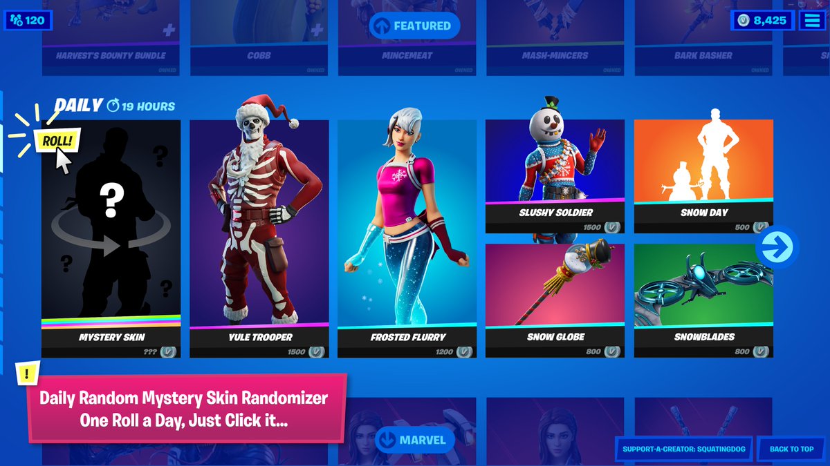 thesquatingdog's tweet image. Fortnite Concept: Daily Random Mystery Skin Randomizer. Each day there is one slot designated to randomize all the skins available to purchase only on that one day. Each gamer gets different results and would cause daily engagement for Fortnite. Just give me 5% Fortnite. 😘