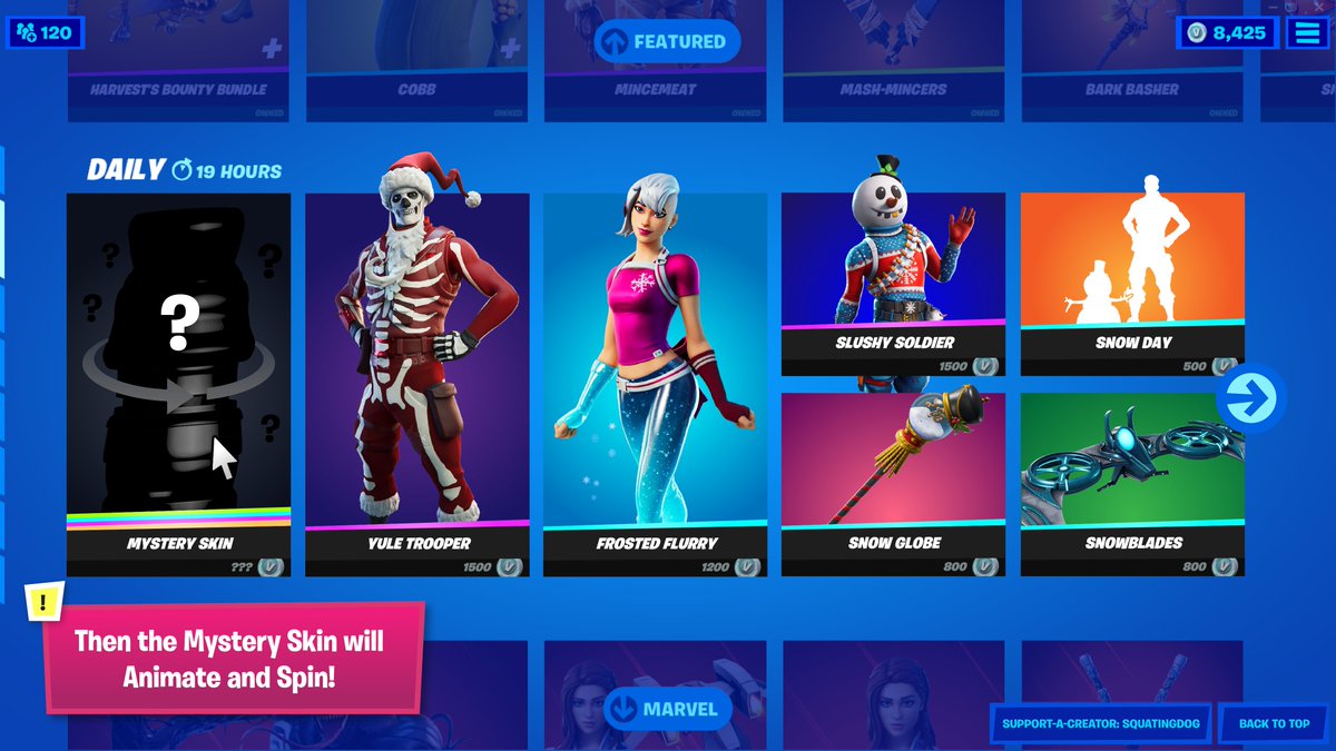 thesquatingdog's tweet image. Fortnite Concept: Daily Random Mystery Skin Randomizer. Each day there is one slot designated to randomize all the skins available to purchase only on that one day. Each gamer gets different results and would cause daily engagement for Fortnite. Just give me 5% Fortnite. 😘