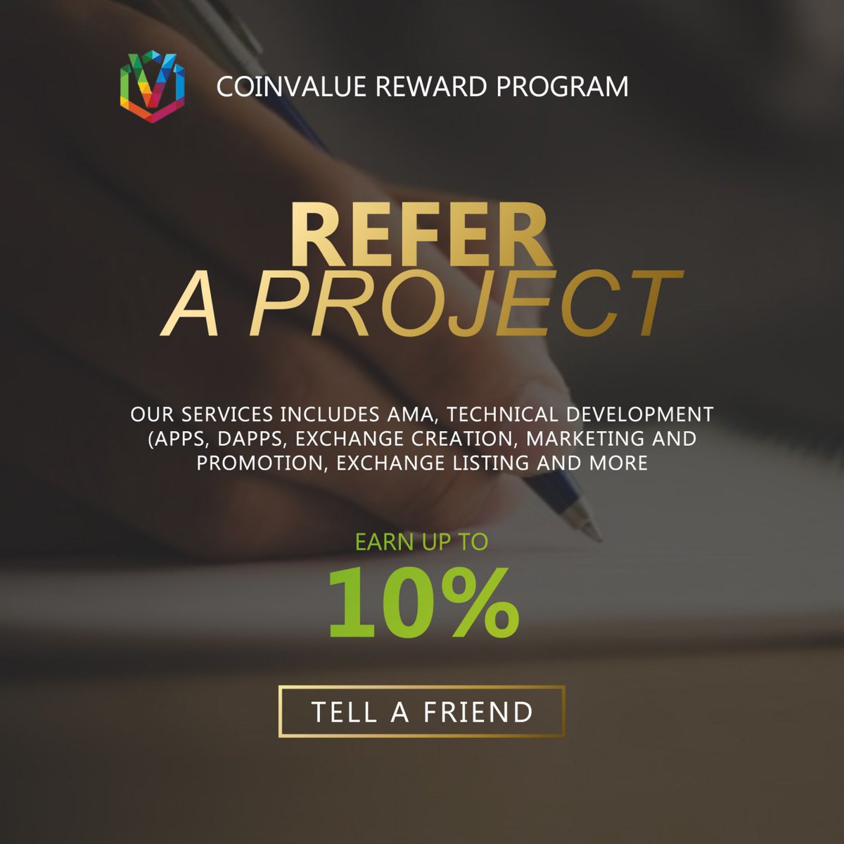 CoinvalueC's tweet photo. Do you know you can make extra income by referring projects for CoinValue? Check out the banner and see our services. Don't miss to earn un-limitedly with #CoinValue
#Bitcoin #happyweekend #sunday #ETH @Bitcoin @UniswapProtocol #Binance #BlockchainClass #GNB #AMA #Crypto https://t.co/m2o0EWFhg2